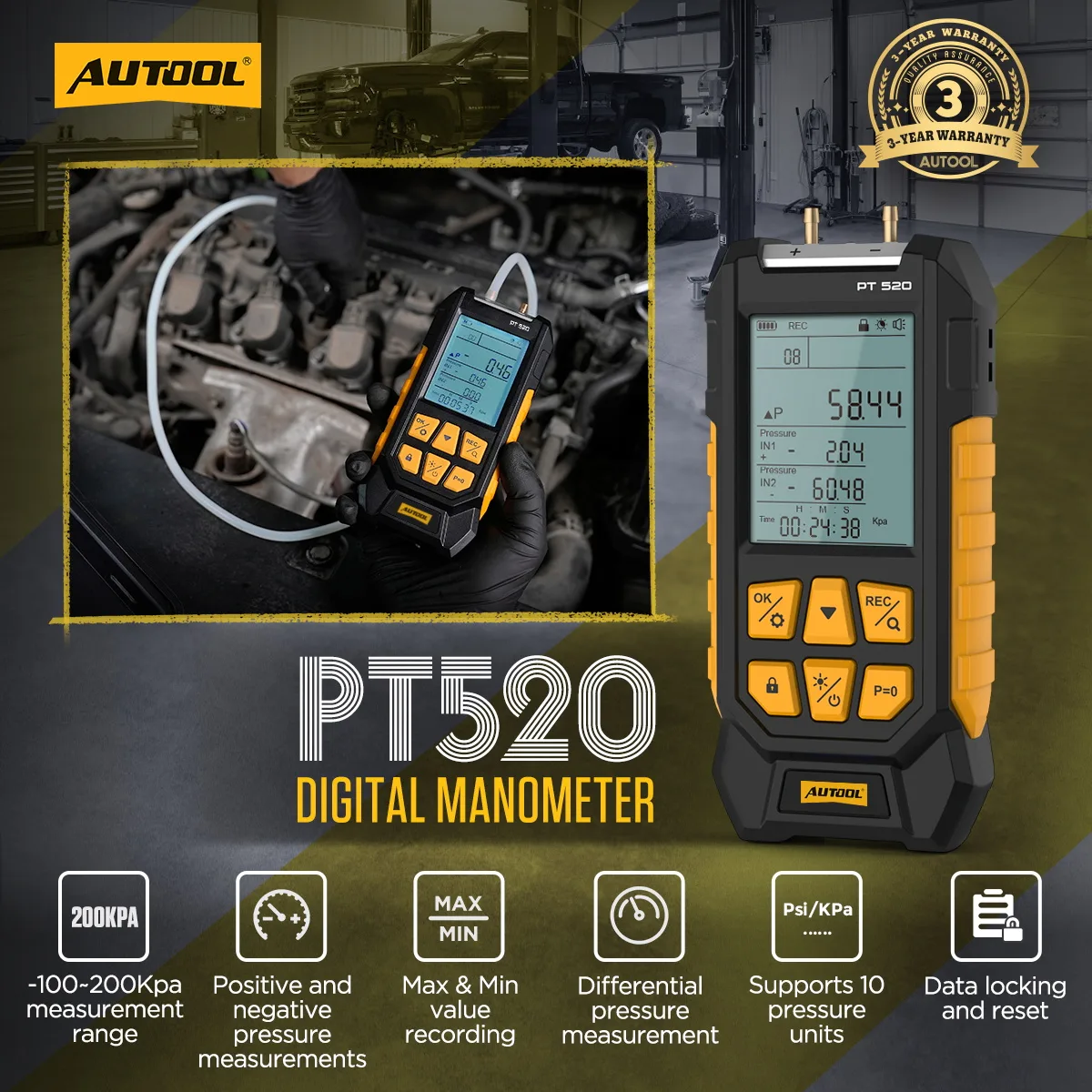 AUTOOL PT520 Differential Pressure Gauge Digital Manometer view 2