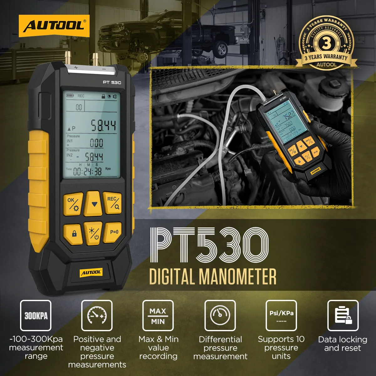 AUTOOL PT530 Digital Manometer Dual Port Pressure Gauge view 2