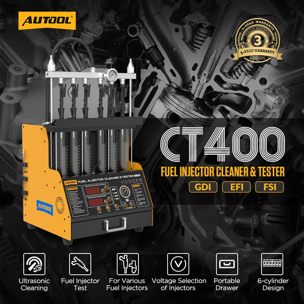AUTOOL CT400 GDI/EFI/FSI 6-Cylinder Fuel Injector Cleaning Machine & Tester view 2