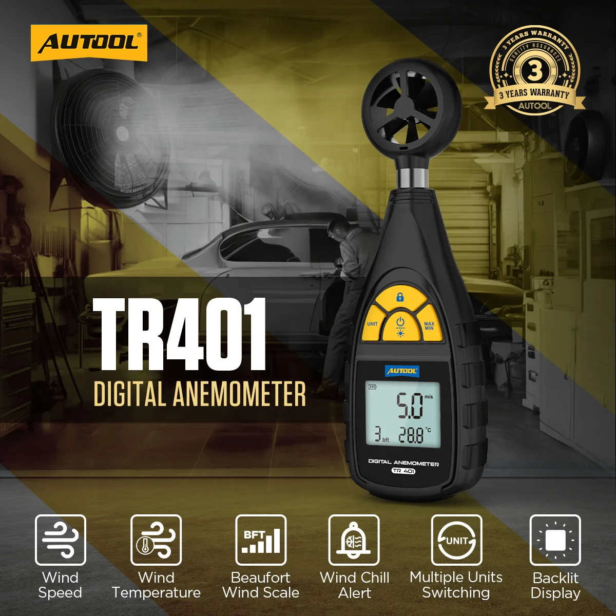 AUTOOL TR401 Digital Anemometer, Handheld Wind Speed Meter For Measuring Wind Speed, Temperature In Automotive Air Conditioning System view 2