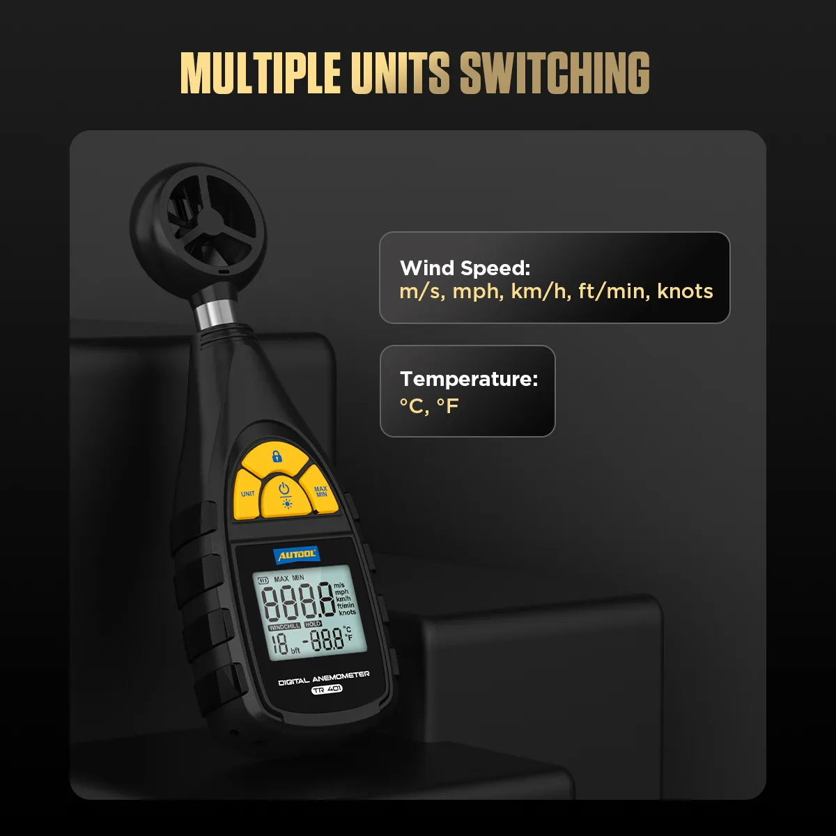 AUTOOL TR401 Digital Anemometer, Handheld Wind Speed Meter For Measuring Wind Speed, Temperature In Automotive Air Conditioning System view 3