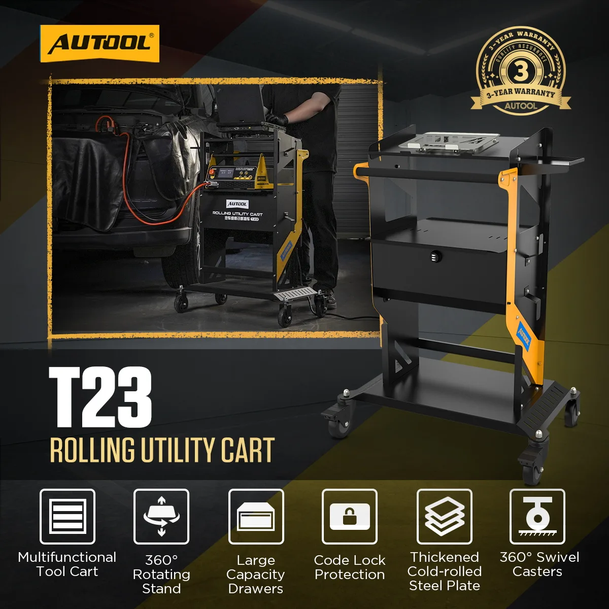 AUTOOL 3 Tier Rolling Trolley Cart with Wheels and Handle, Garage Workshop Storage Rolling Trolley Cart Automotive Diagnostic Service Tool NEW Version view 2