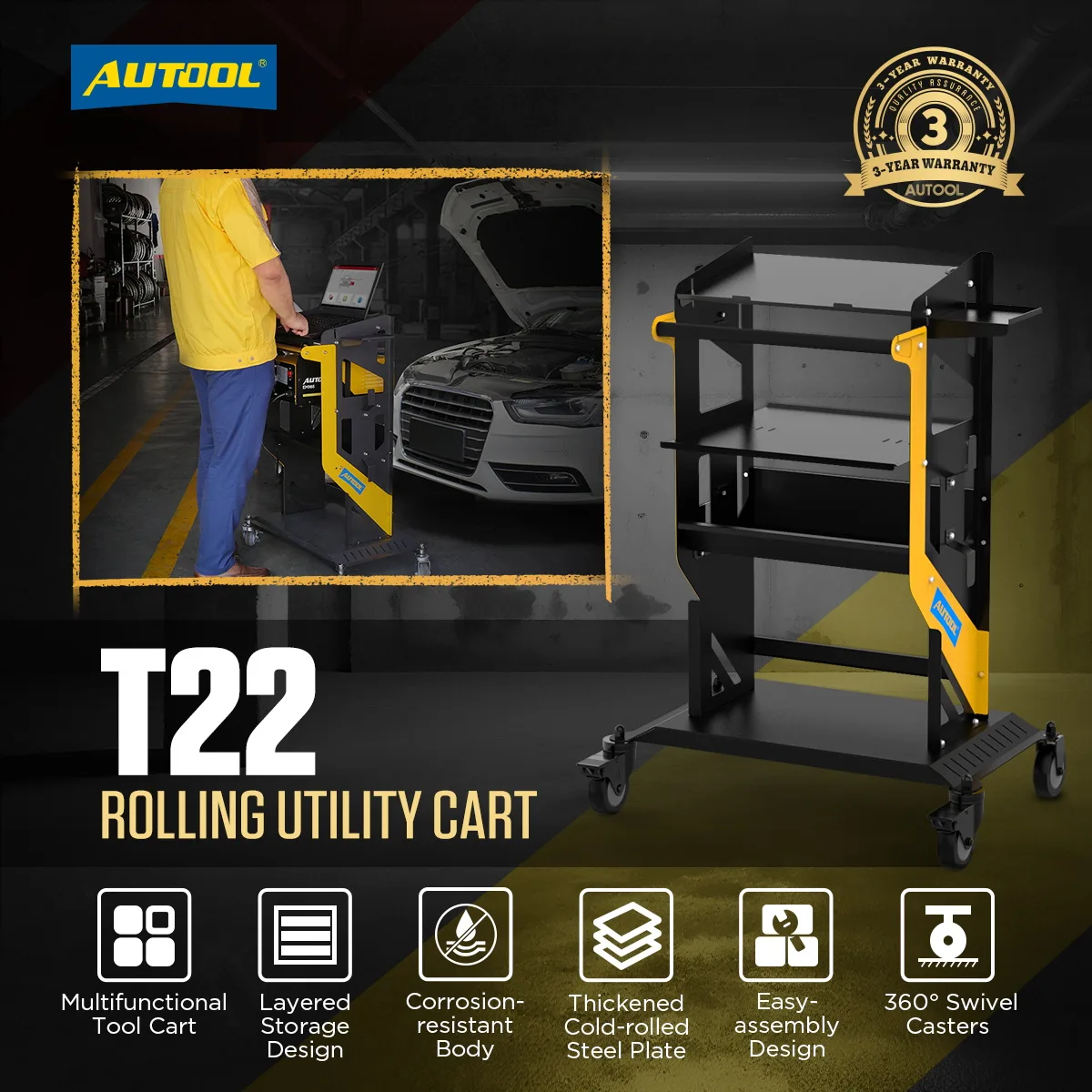 AUTOOL T22 3X Tier Rolling Tool Tiered Storage Cart view 2