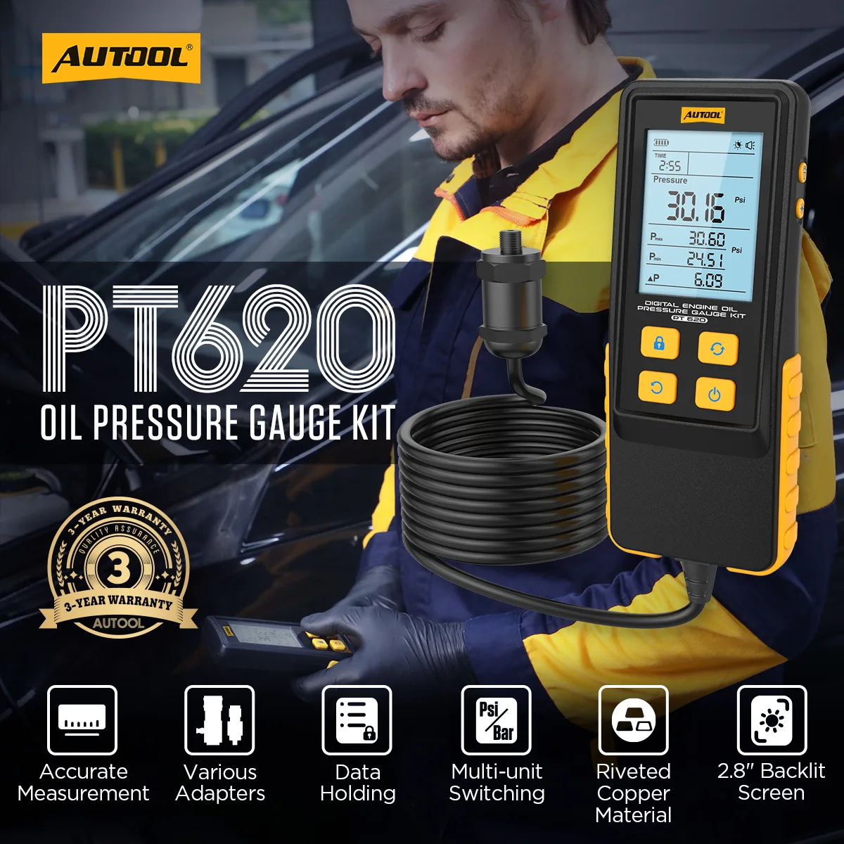 AUTOOL PT620 Engine Oil Pressure Gauge with Digital Display view 2