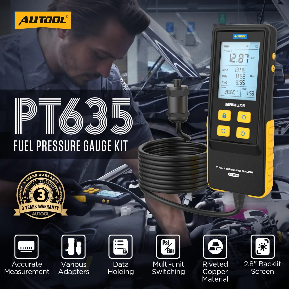 AUTOOL PT635 Fuel Pressure Gauge(Hight-end Version) 0-426 PSI Digital Display Automotive Tool for Motorcycle Car Truck view 2