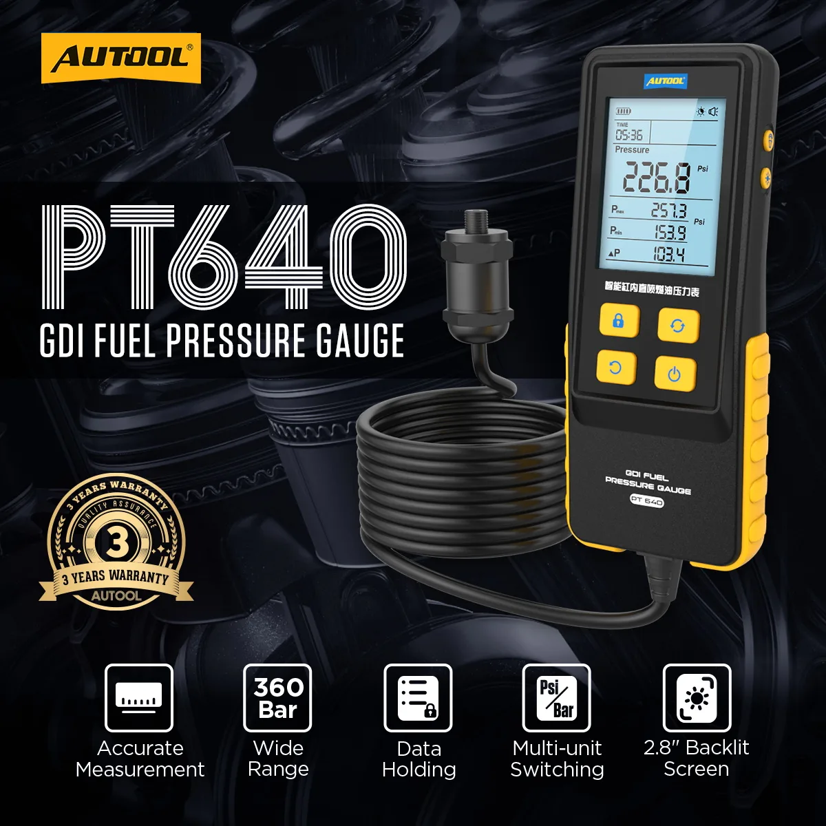 AUTOOL PT640 GDI Fuel Pressure Gauge 0-360Bar Digital Measurement Pressure Gauge view 2