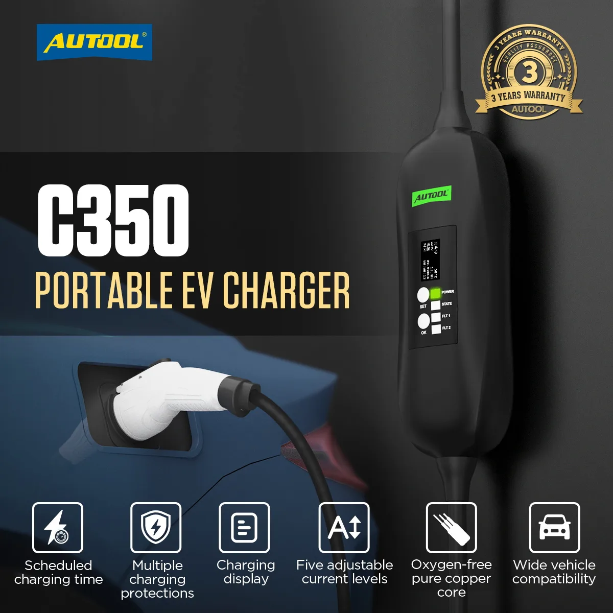 Portable EV Charger AUTOOL C350 with IP65 charging Cable view 2