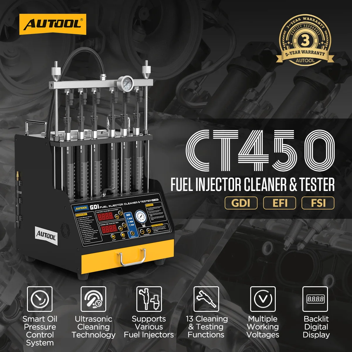 AUTOOL CT450 Heated GDI/EFI/FSI 6-Cylinder Fuel Injector Cleaning Machine & Tester view 2