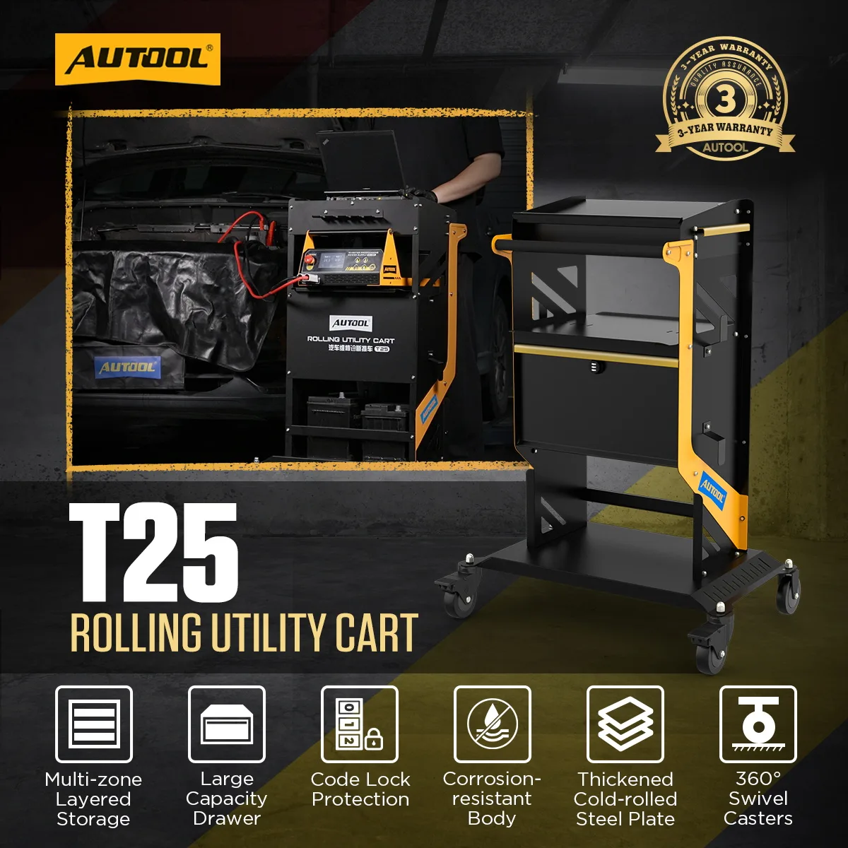 AUTOOL T25 Mechanic Tool Cart with Wheels Utility Cart view 2
