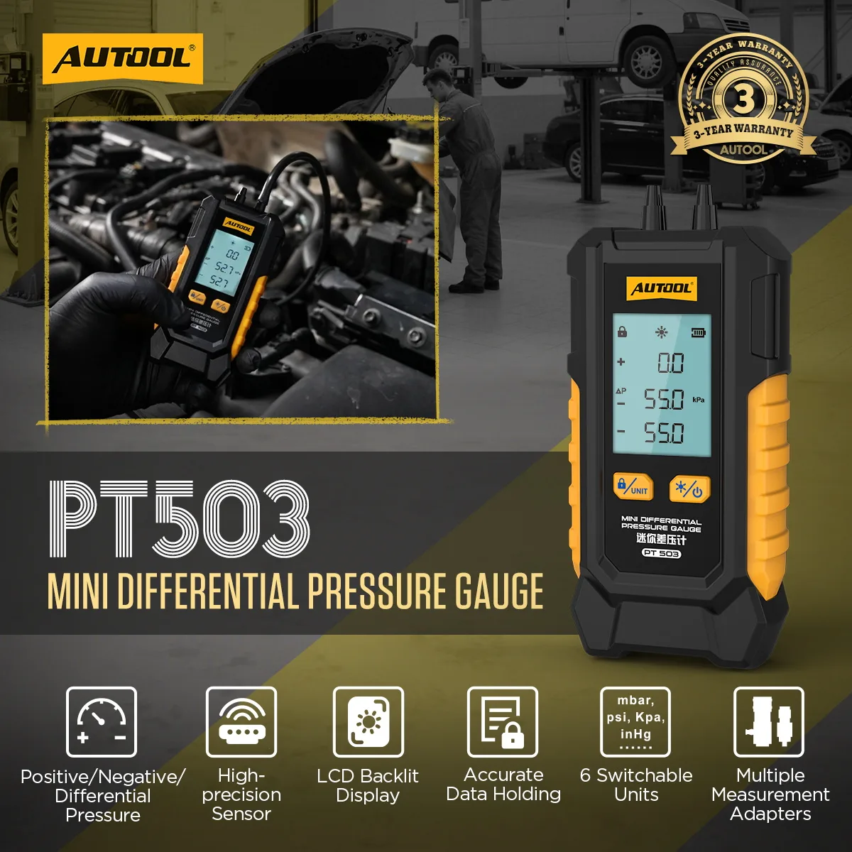 AUTOOL PT503 Mini Differential Pressure Gauge view 2
