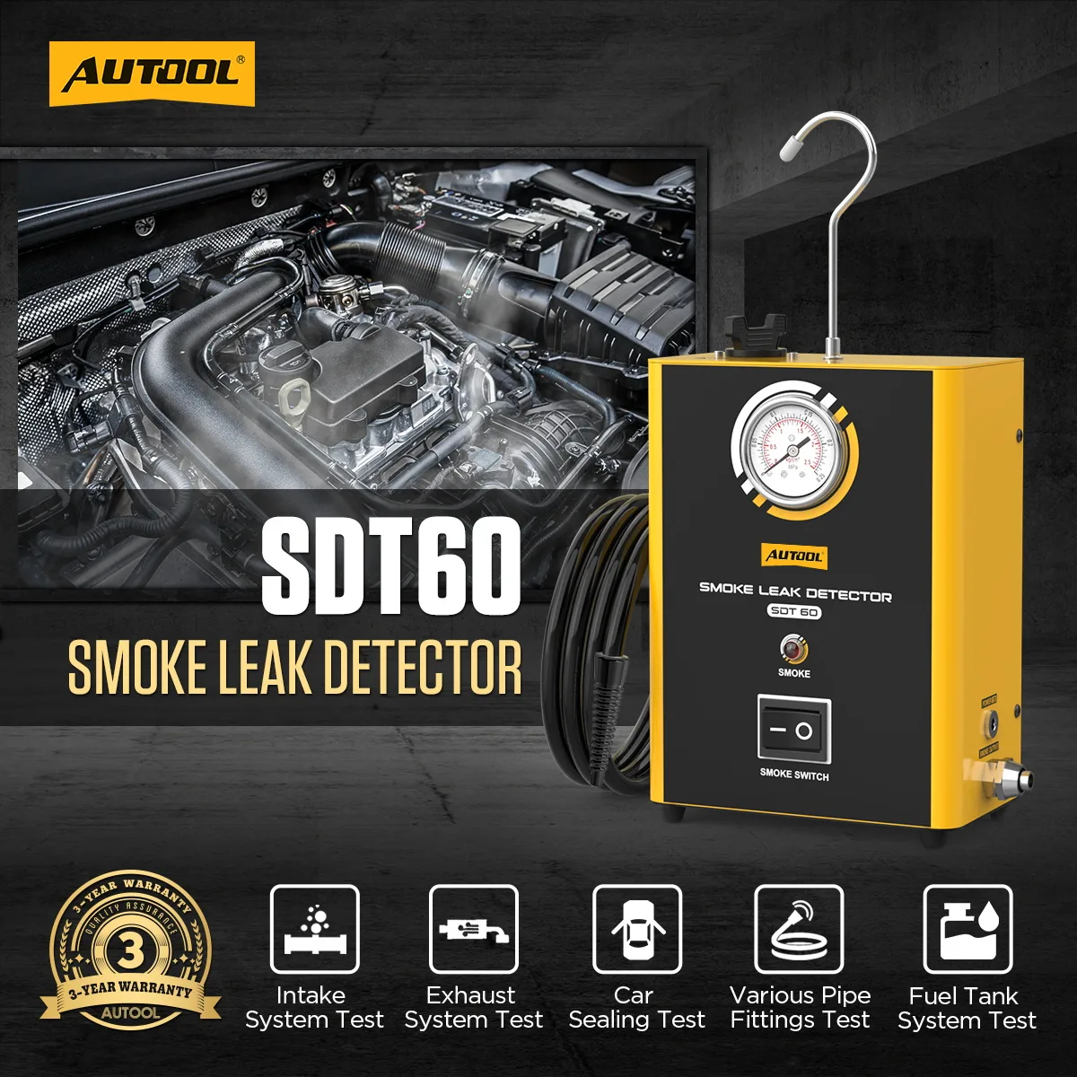 AUTOOL SDT60 Automotive Smoke Machine Leak Detector with Pressure Gauge view 2